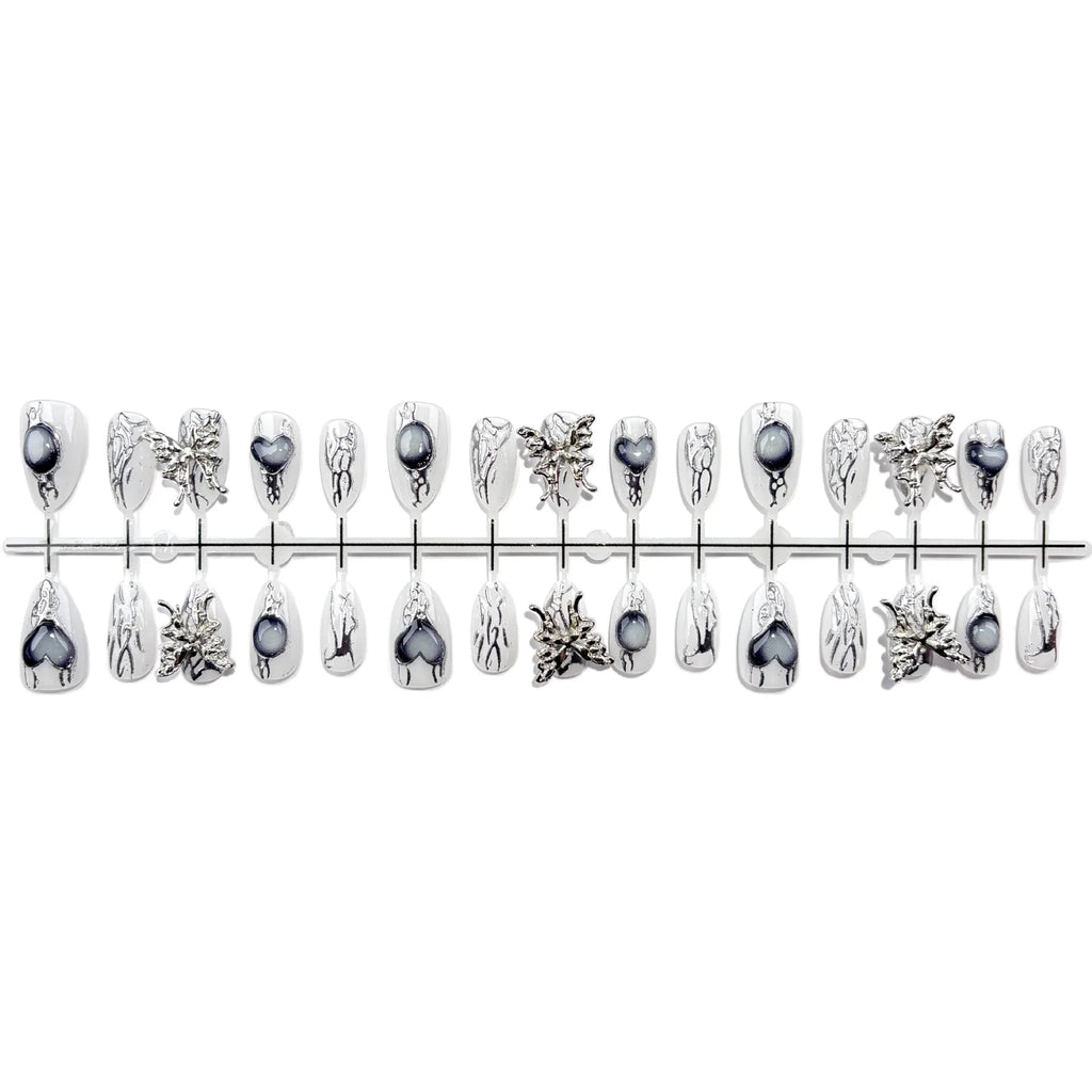 10Pcs Fake Nails Metallic Butterfly Silver-Plated Sexy Almond-Shaped Press-On Nails—Perfect As A Gift for Girls and Friends