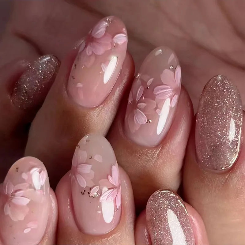 24pcs Pink Almond Press on Nails Flower Pattern False Nails Wearable Stick-on Nails Fake Nail Uñas Postizas Накладные Ногти 네일팁