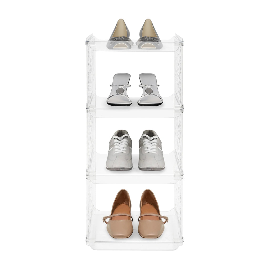 Shoe Storage Cabinet 4 Tier 28x26x65cm, Narrow Vertical Slim Shoe Holder Clear PET for Corner Entryway Bathroom