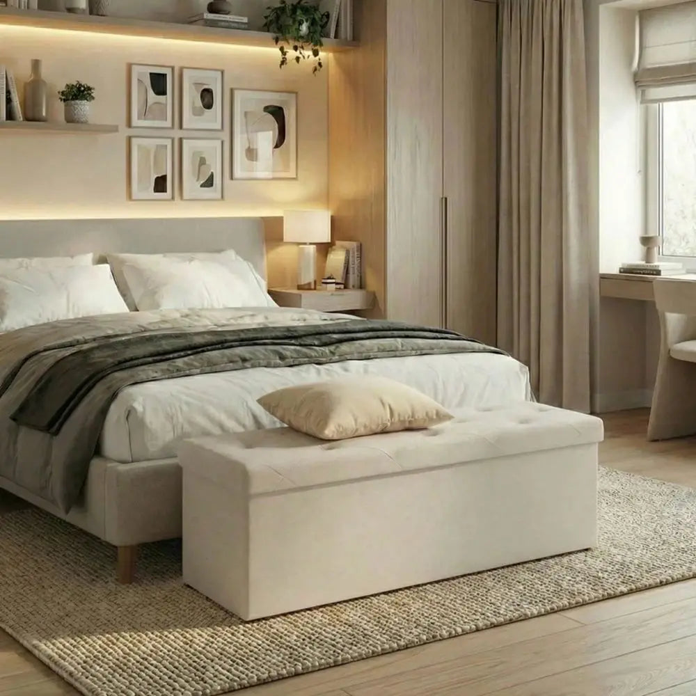 Inches Folding Storage Ottoman Bench, Storage Chest, Foot Rest Stool, Bedroom Bench With Storage, Beige