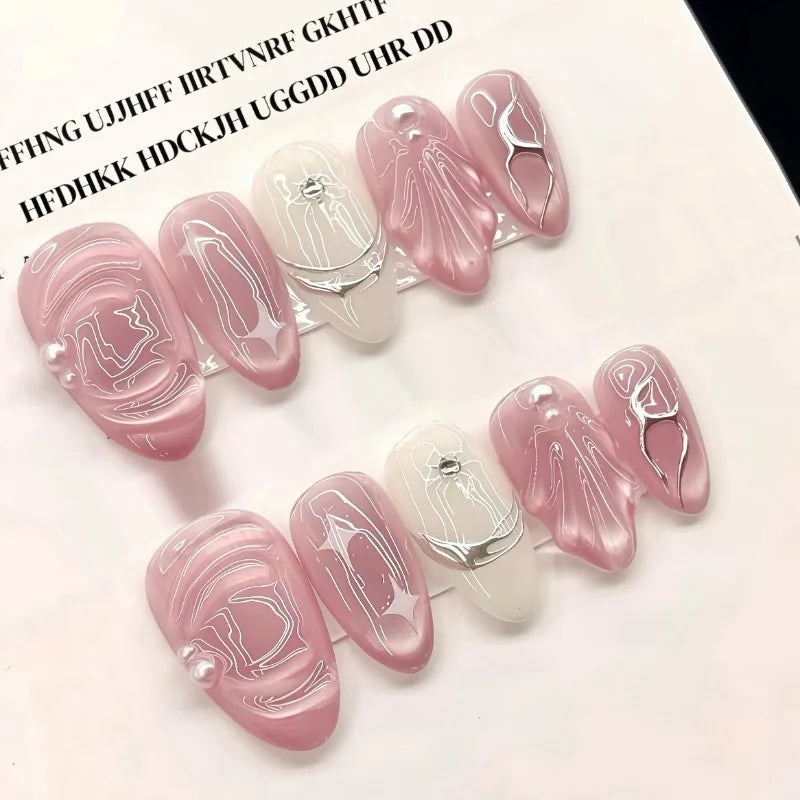 10Pcs Fake Nails Silver-Plated Pink Coarse-Grain Cat-Eye Ultra-Short Almond-Shaped Press-On Nails—Perfect As A Gift for Girls