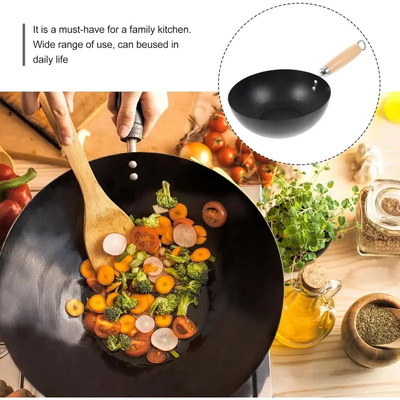 Uncoated Small Flat Bottom Iron Wok - Healthy Stir-Fry Pan Compatible with Gas & Induction Stoves, Kitchen Essential
