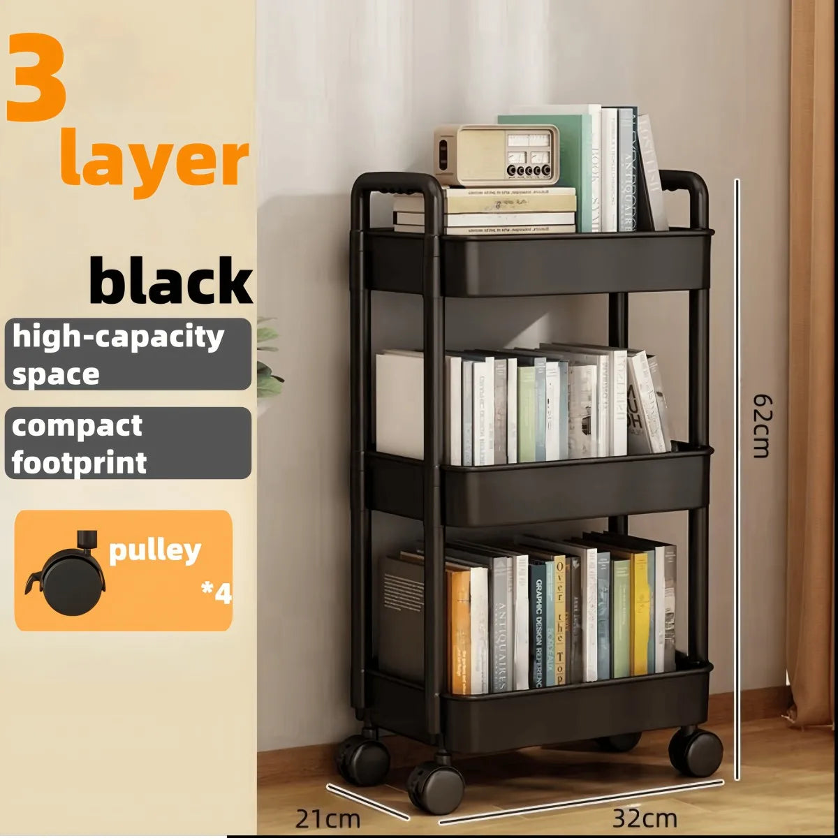 3/4-Tier Heavy Duty Rolling Storage Cart - Multi-functional Floor-Standing Trolley for Kitchen, Bathroom, Nursery, Bedroom, Thic