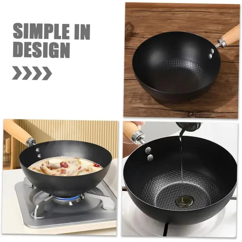 Uncoated Small Flat Bottom Iron Wok - Healthy Stir-Fry Pan Compatible with Gas & Induction Stoves, Kitchen Essential