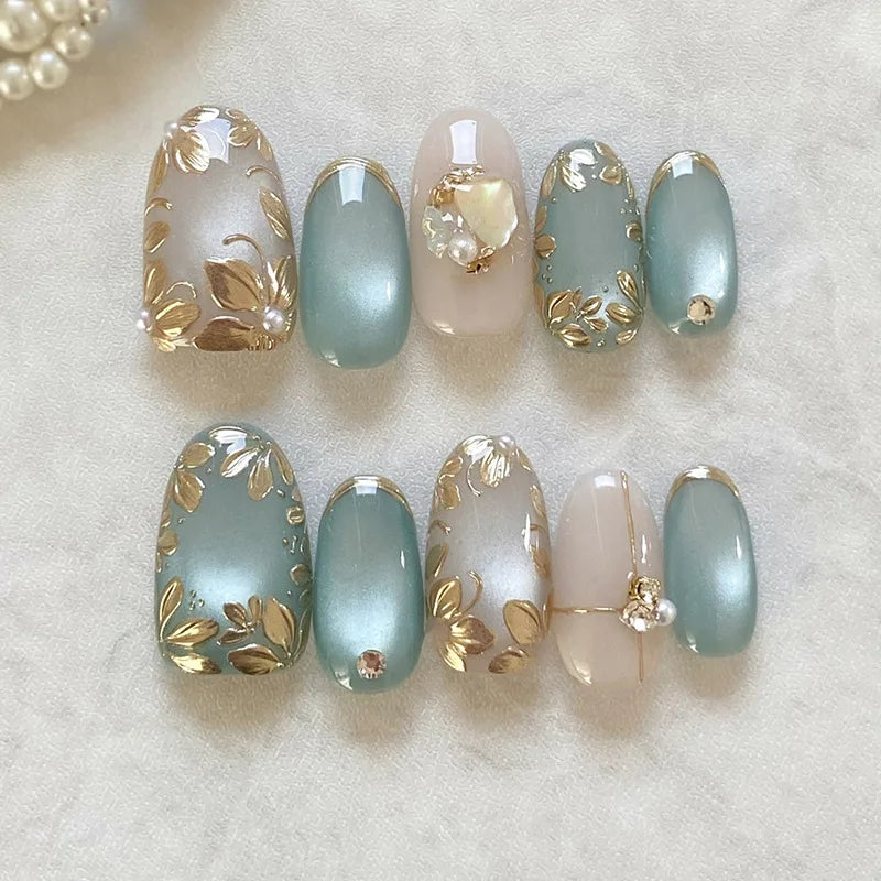 24pcs Pink Almond Press on Nails Flower Pattern False Nails Wearable Stick-on Nails Fake Nail Uñas Postizas Накладные Ногти 네일팁