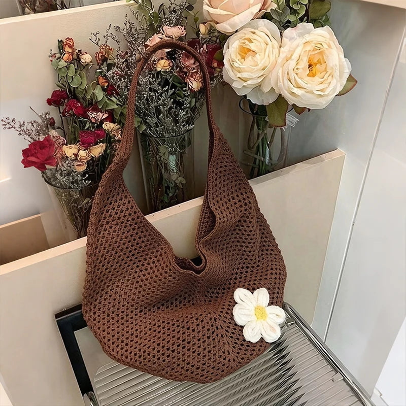 Trendy Hollow Out Weave Straw Bag Bohemian Style Beach Handbag Hollow Tote Bag Large Capacity Lazy Style Beach Bag Shopping
