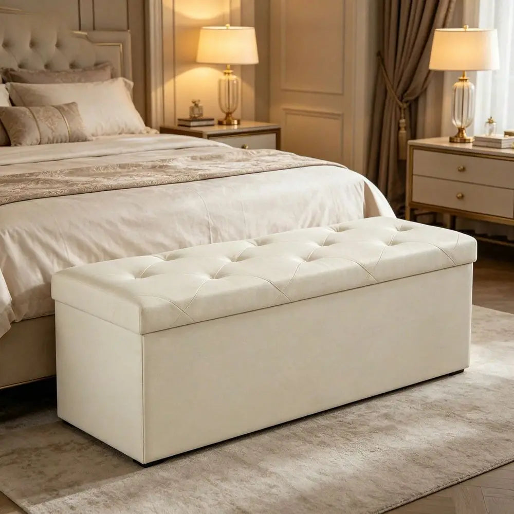 Inches Folding Storage Ottoman Bench, Storage Chest, Foot Rest Stool, Bedroom Bench With Storage, Beige