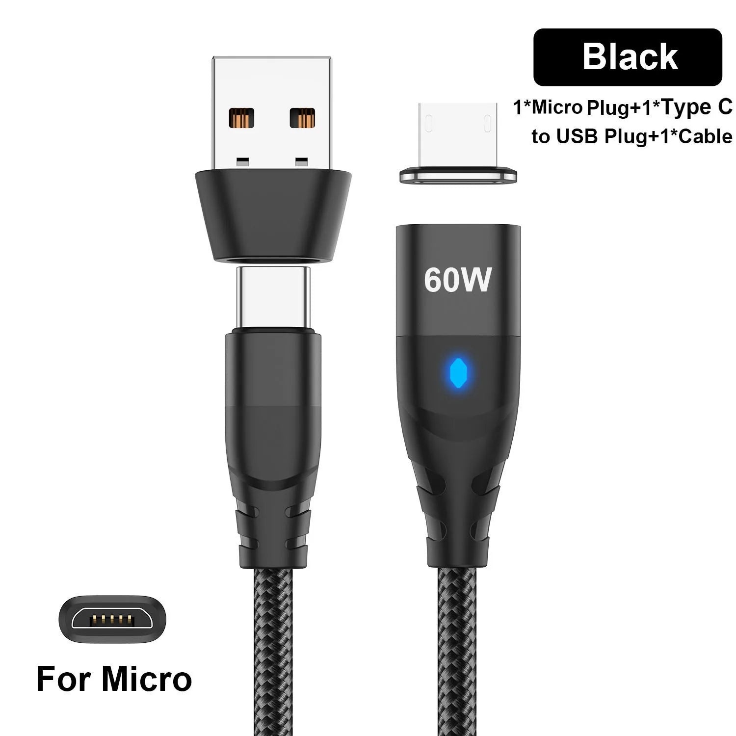 60W Magnetic Cable Fast Charging USB C To TypeC Micro Magnetic Data Cord For iPhone Samsung Magnet Charger Wire USB A Adapter