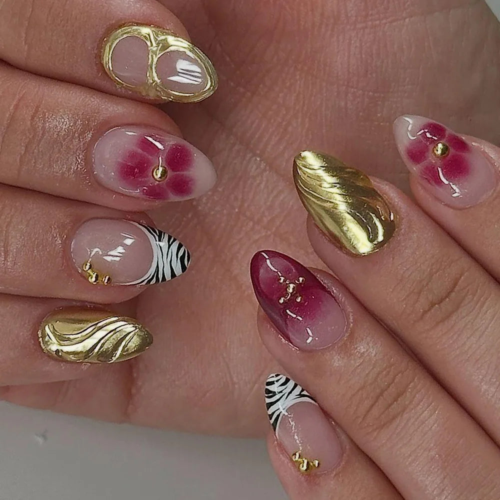 24pcs Pink Almond Press on Nails Flower Pattern False Nails Wearable Stick-on Nails Fake Nail Uñas Postizas Накладные Ногти 네일팁