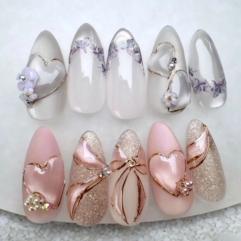 24pcs Pink Almond Press on Nails Flower Pattern False Nails Wearable Stick-on Nails Fake Nail Uñas Postizas Накладные Ногти 네일팁