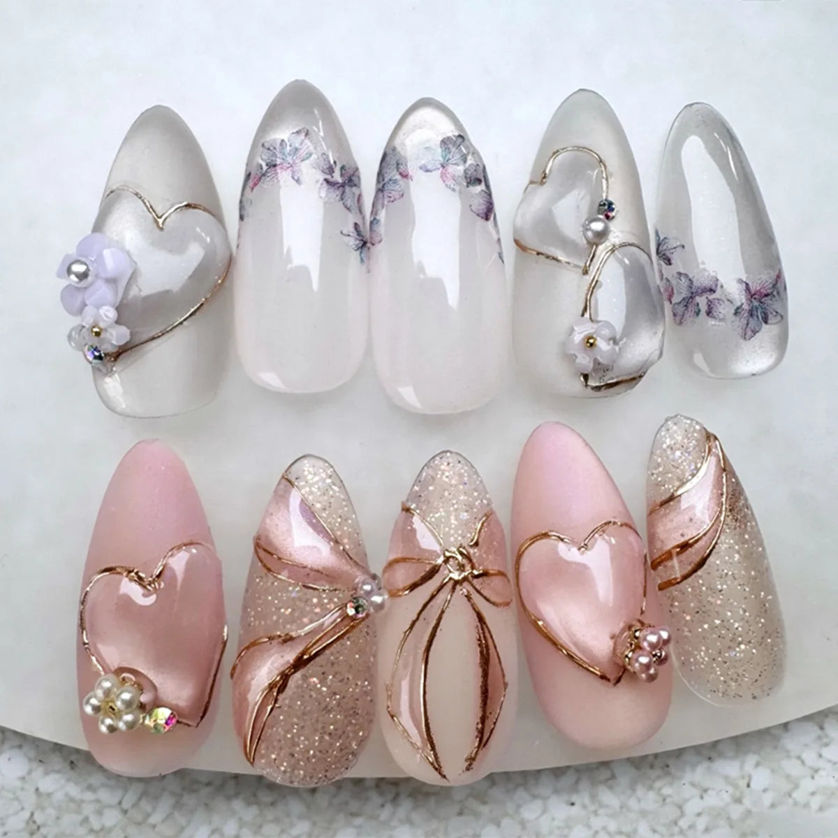 24pcs Pink Almond Press on Nails Flower Pattern False Nails Wearable Stick-on Nails Fake Nail Uñas Postizas Накладные Ногти 네일팁