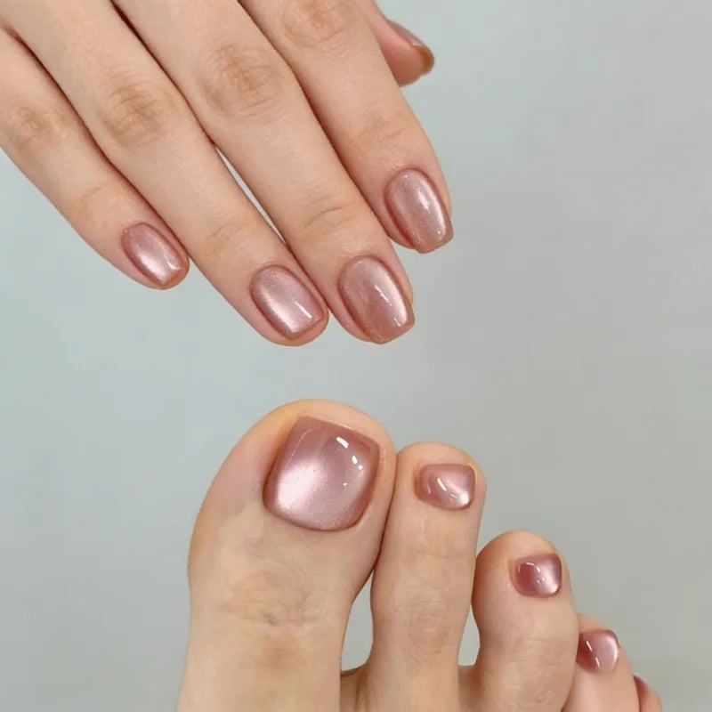 24+24pcs Fingernails and Toenails Summer Solid-color Cat-eye Short Style Press-on Nails—perfect As A Gift for Girls and Friends