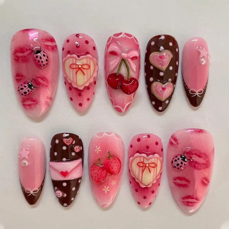 24pcs Pink Almond Press on Nails Flower Pattern False Nails Wearable Stick-on Nails Fake Nail Uñas Postizas Накладные Ногти 네일팁