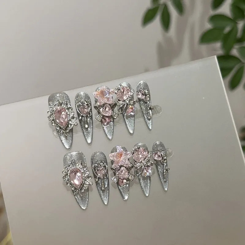 10pcs Handmade Nails Sheer Black and Silver Cat-eye Pink Diamond Long Pointed Press-on Nails—perfect As A Gift for Girls