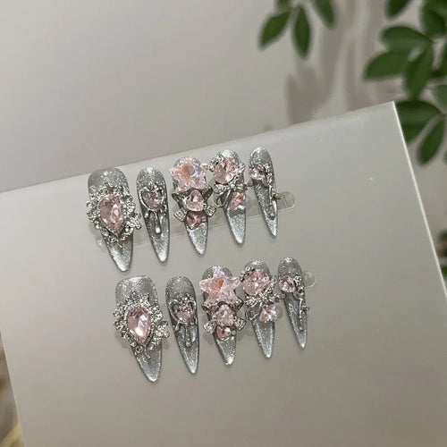 10pcs Handmade Nails Sheer Black and Silver Cat-eye Pink Diamond Long Pointed Press-on Nails—perfect As A Gift for Girls