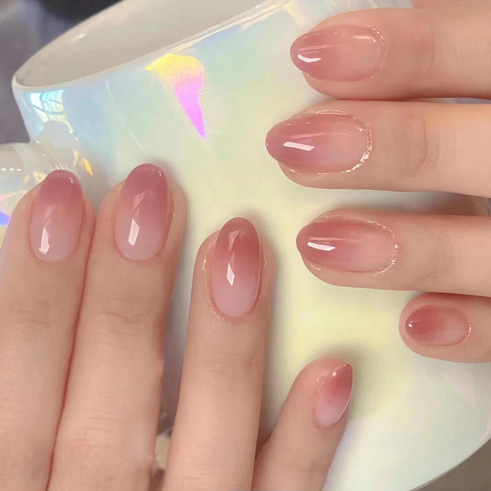 24Pcs Short Oval Head Blush Pink Press on Nails with Simple Designs Almond Nails Wearable Acrylic Full Cover Nail Tips with Glue