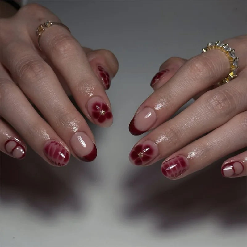 24pcs Pink Almond Press on Nails Flower Pattern False Nails Wearable Stick-on Nails Fake Nail Uñas Postizas Накладные Ногти 네일팁