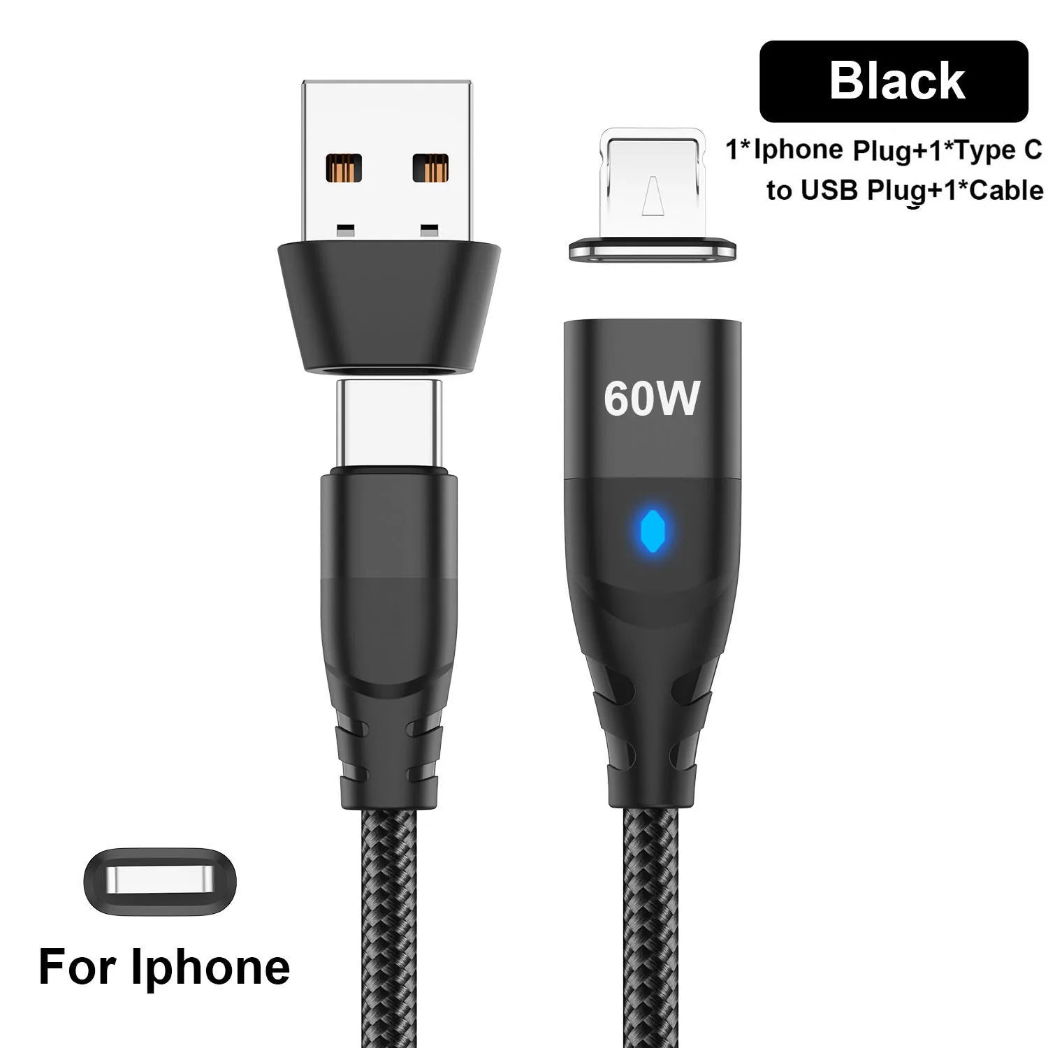 60W Magnetic Cable Fast Charging USB C To TypeC Micro Magnetic Data Cord For iPhone Samsung Magnet Charger Wire USB A Adapter