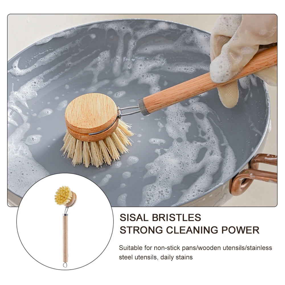 Replaceable Dish Brush Wooden Handle Stain Remove Pot Brush Portable Household Cleaning Scrub Brushes Kitchen Accessories