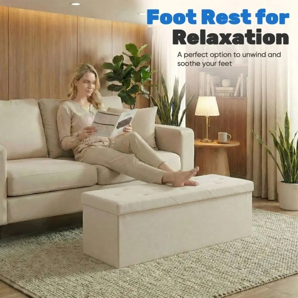 Inches Folding Storage Ottoman Bench, Storage Chest, Foot Rest Stool, Bedroom Bench With Storage, Beige