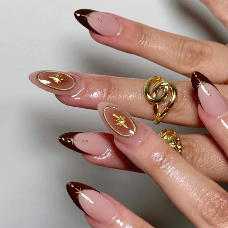 24pcs Pink Almond Press on Nails Flower Pattern False Nails Wearable Stick-on Nails Fake Nail Uñas Postizas Накладные Ногти 네일팁
