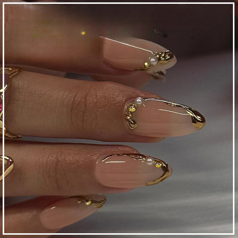 24Pcs Metallic Cat Eye French Sheer Manicure Tip Art Textured 3D Acrylic False Nails Nude Pink Almond Medium Press on Fake Nails
