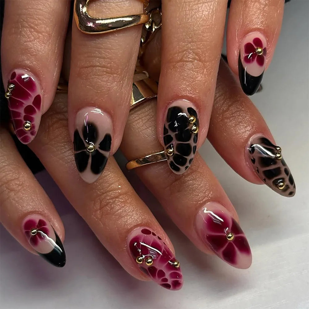 24pcs Pink Almond Press on Nails Flower Pattern False Nails Wearable Stick-on Nails Fake Nail Uñas Postizas Накладные Ногти 네일팁