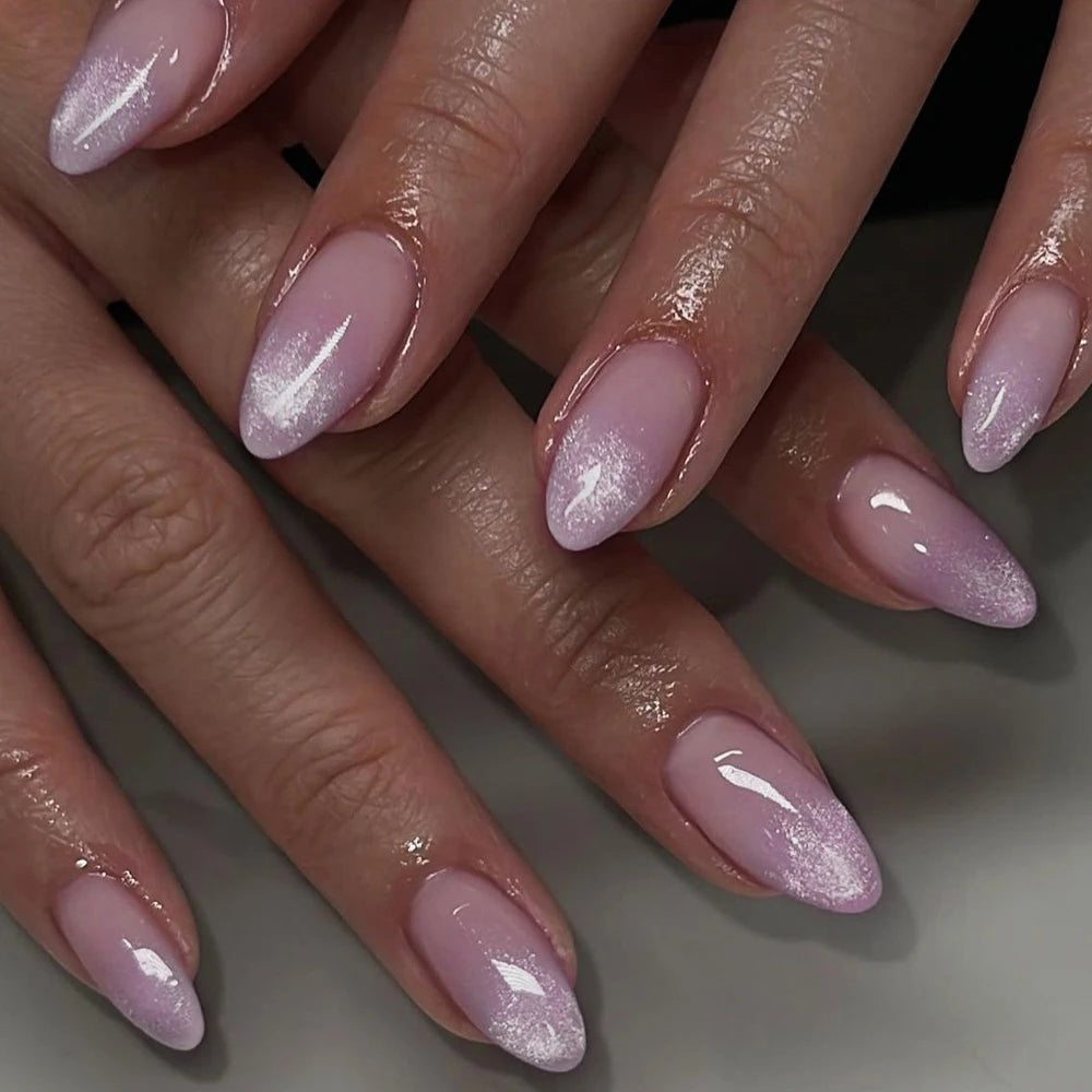 24Pcs Short Oval Head Blush Pink Press on Nails with Simple Designs Almond Nails Wearable Acrylic Full Cover Nail Tips with Glue