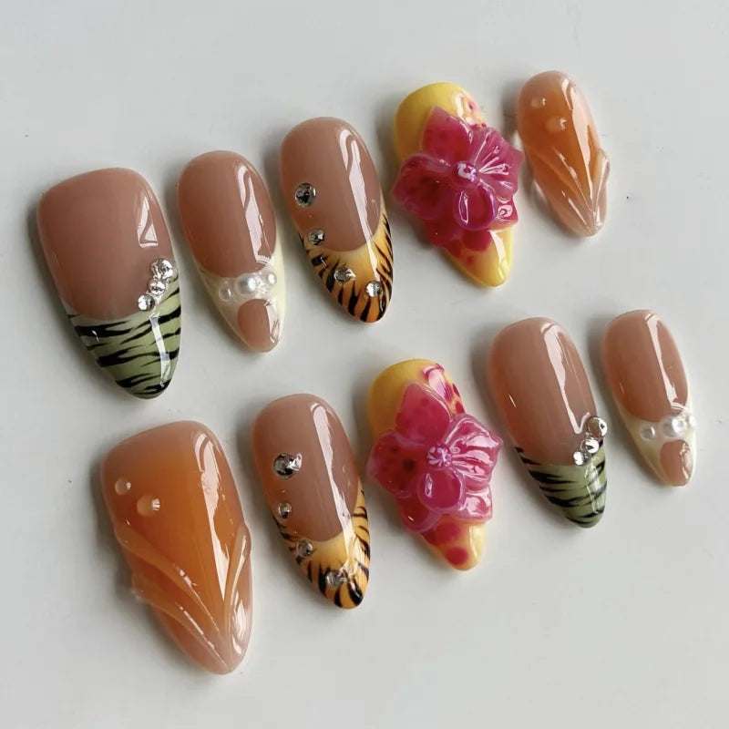 24pcs Pink Almond Press on Nails Flower Pattern False Nails Wearable Stick-on Nails Fake Nail Uñas Postizas Накладные Ногти 네일팁