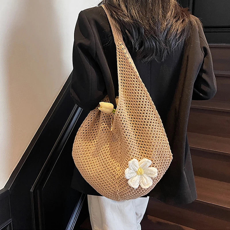 Trendy Hollow Out Weave Straw Bag Bohemian Style Beach Handbag Hollow Tote Bag Large Capacity Lazy Style Beach Bag Shopping