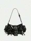 Vintage Y2K Oil-Wax Leather Motorcycle Bag, Cyberpunk Gothic Punk Crossbody Shoulder Purse
