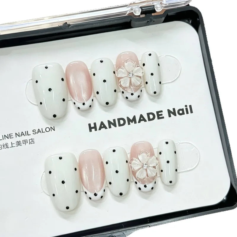 10Pcs Handmade Nail Cat-Eye Gel Nails with Polka Dot French Design High-Quality Press-On Nails Perfect As Gifts for Girls