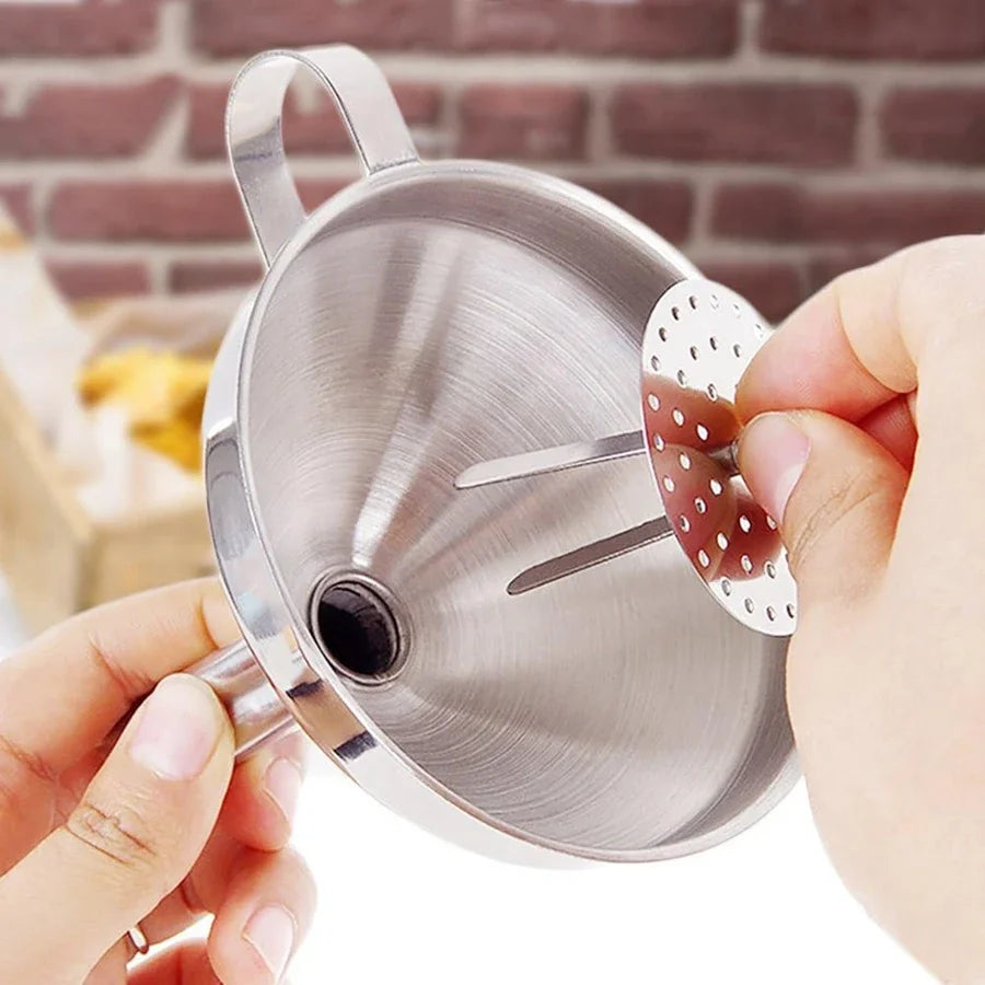 3 Sizes Stainless Steel Kitchen Funnel Food Grade Metal Funnel with Strainers Wide Mouth Funnel for Canning Kitchen Tools