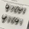 10Pcs Fake Nails Metallic Butterfly Silver-Plated Sexy Almond-Shaped Press-On Nails—Perfect As A Gift for Girls and Friends
