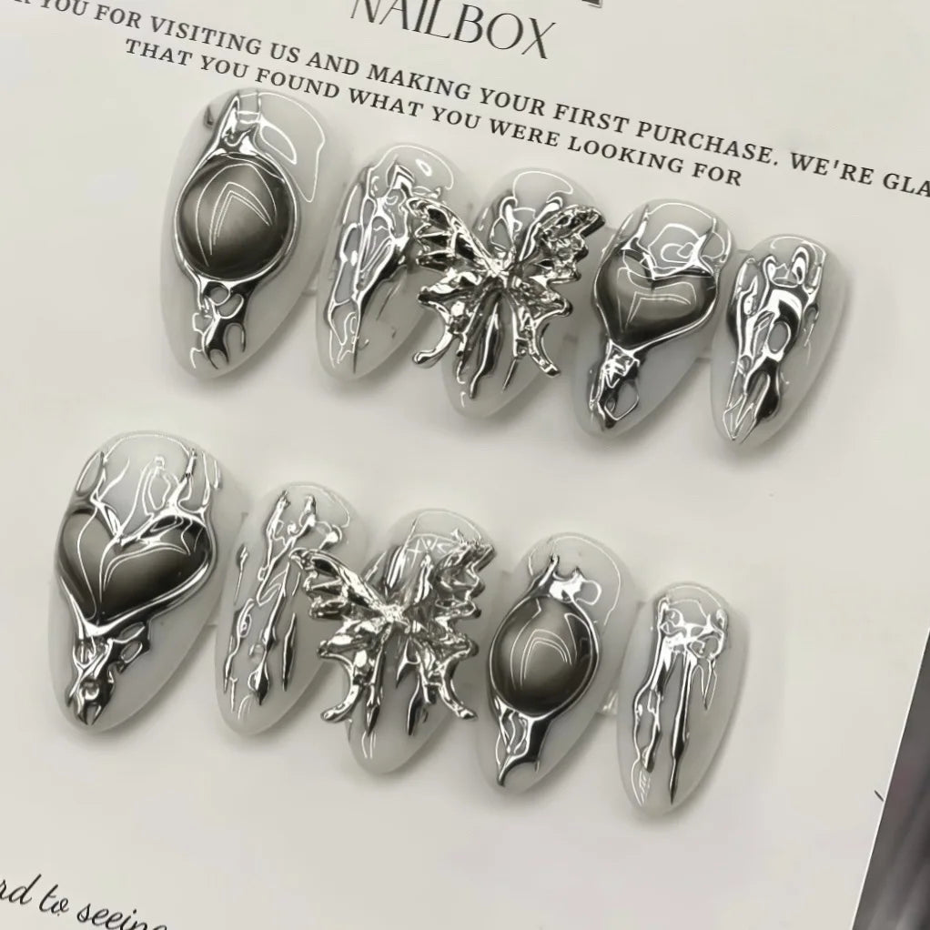 10Pcs Fake Nails Metallic Butterfly Silver-Plated Sexy Almond-Shaped Press-On Nails—Perfect As A Gift for Girls and Friends