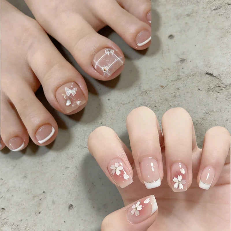 24+24pcs Fingernail and Toenail Tips with A White French Manicure and Butterfly Print These Press-on Nails Make A Gift for Girls