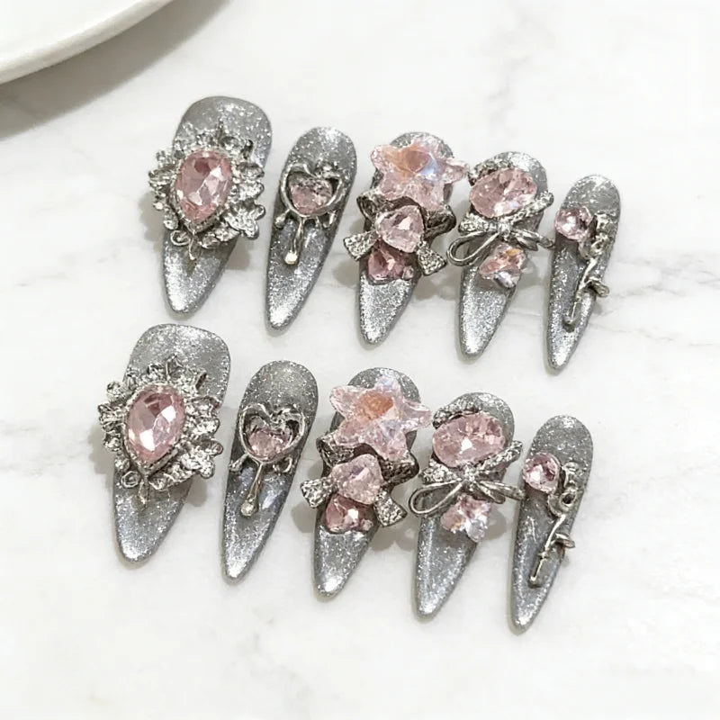 10pcs Handmade Nails Sheer Black and Silver Cat-eye Pink Diamond Long Pointed Press-on Nails—perfect As A Gift for Girls