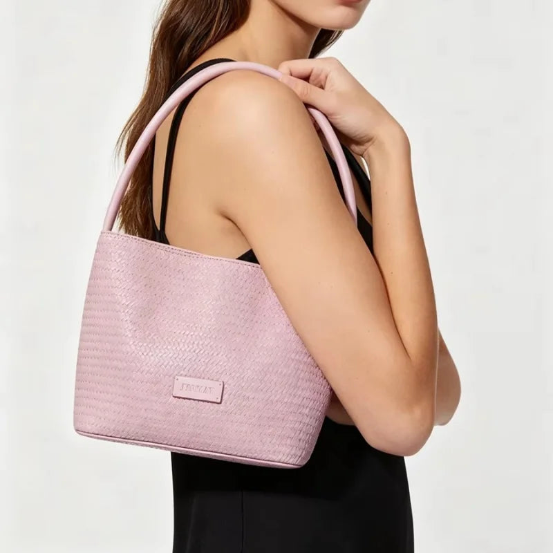 JIOMAY Trendy Women Bag Store Summer Woven Embossed Tote Bag for Women Versatile Basket Shoulder Purse Simple Top Handle Handbag