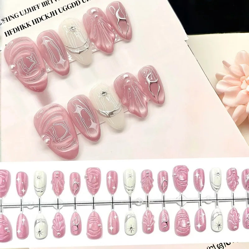 10Pcs Fake Nails Silver-Plated Pink Coarse-Grain Cat-Eye Ultra-Short Almond-Shaped Press-On Nails—Perfect As A Gift for Girls