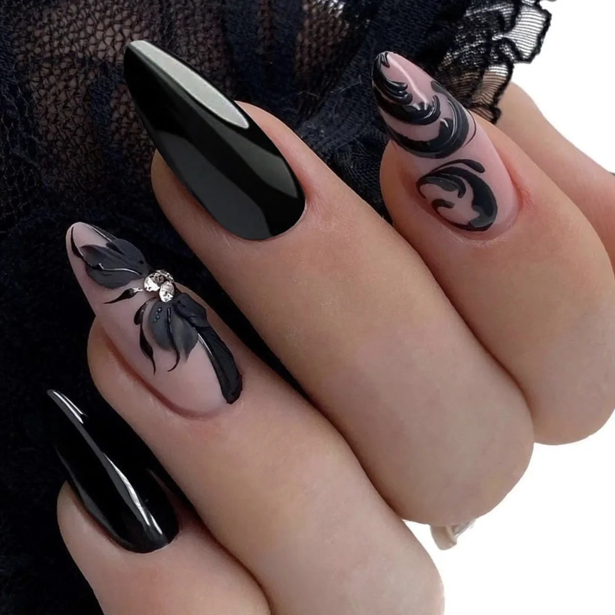 24pcs Pink Almond Press on Nails Flower Pattern False Nails Wearable Stick-on Nails Fake Nail Uñas Postizas Накладные Ногти 네일팁