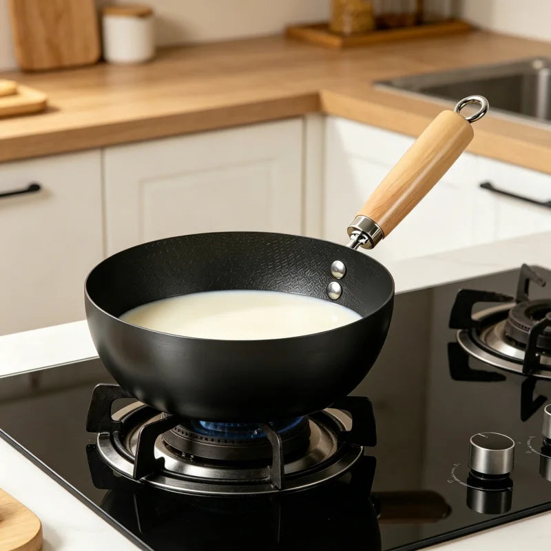 Uncoated Small Flat Bottom Iron Wok - Healthy Stir-Fry Pan Compatible with Gas & Induction Stoves, Kitchen Essential