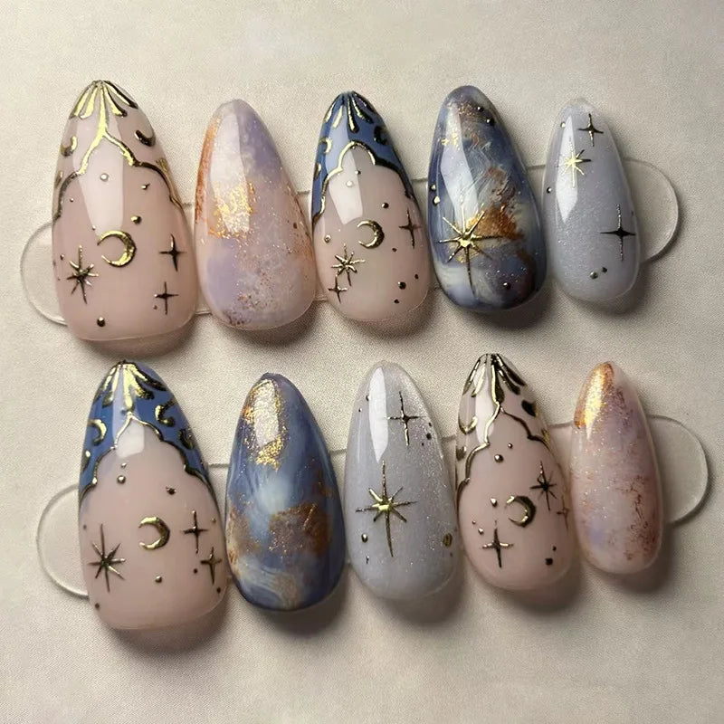 24pcs Pink Almond Press on Nails Flower Pattern False Nails Wearable Stick-on Nails Fake Nail Uñas Postizas Накладные Ногти 네일팁