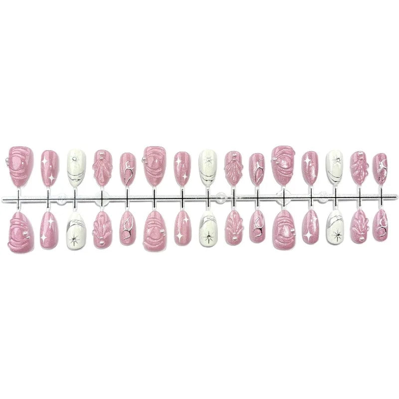 10Pcs Fake Nails Silver-Plated Pink Coarse-Grain Cat-Eye Ultra-Short Almond-Shaped Press-On Nails—Perfect As A Gift for Girls