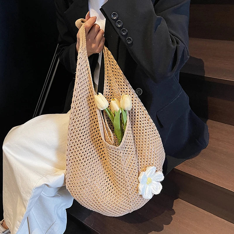 Trendy Hollow Out Weave Straw Bag Bohemian Style Beach Handbag Hollow Tote Bag Large Capacity Lazy Style Beach Bag Shopping