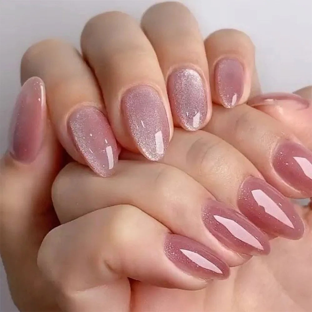 24pcs Pink Almond Press on Nails Flower Pattern False Nails Wearable Stick-on Nails Fake Nail Uñas Postizas Накладные Ногти 네일팁