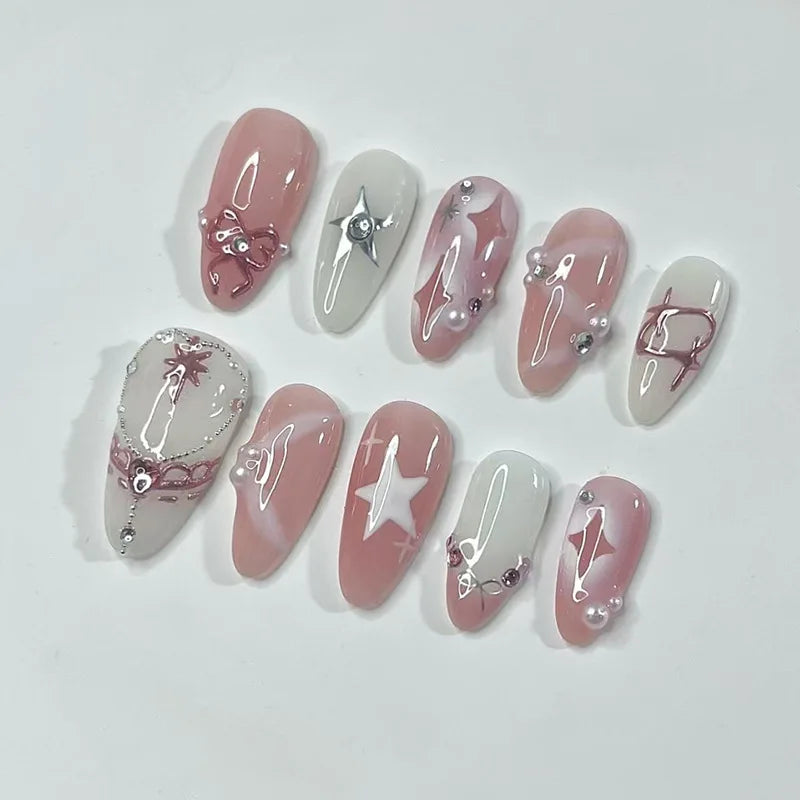 24pcs Pink Almond Press on Nails Flower Pattern False Nails Wearable Stick-on Nails Fake Nail Uñas Postizas Накладные Ногти 네일팁