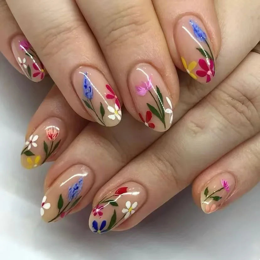 24pcs Pink Almond Press on Nails Flower Pattern False Nails Wearable Stick-on Nails Fake Nail Uñas Postizas Накладные Ногти 네일팁