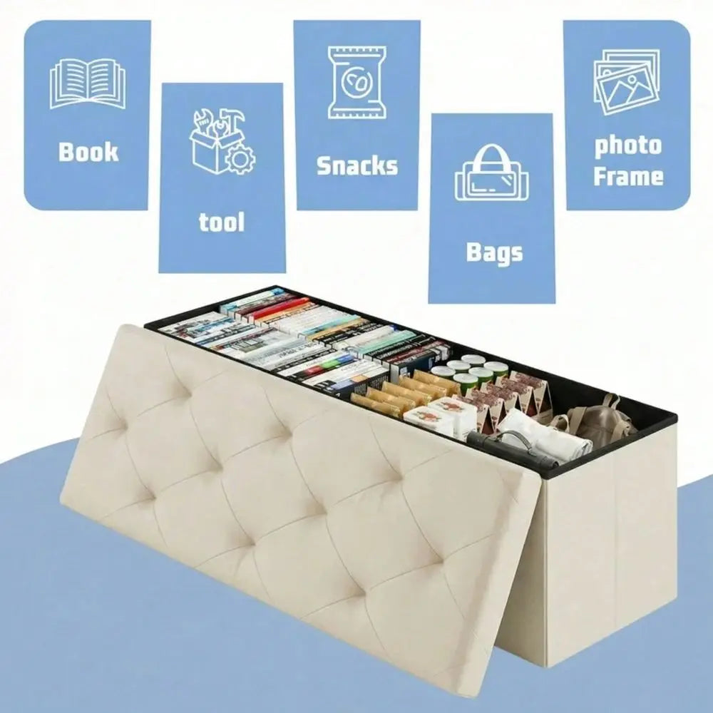 Inches Folding Storage Ottoman Bench, Storage Chest, Foot Rest Stool, Bedroom Bench With Storage, Beige