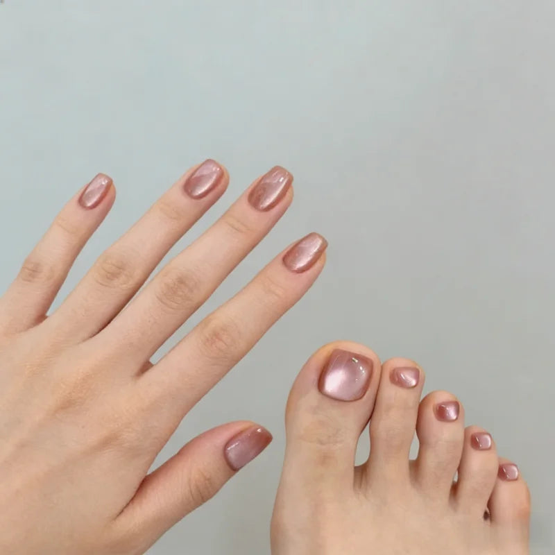 24+24pcs Fingernails and Toenails Summer Solid-color Cat-eye Short Style Press-on Nails—perfect As A Gift for Girls and Friends
