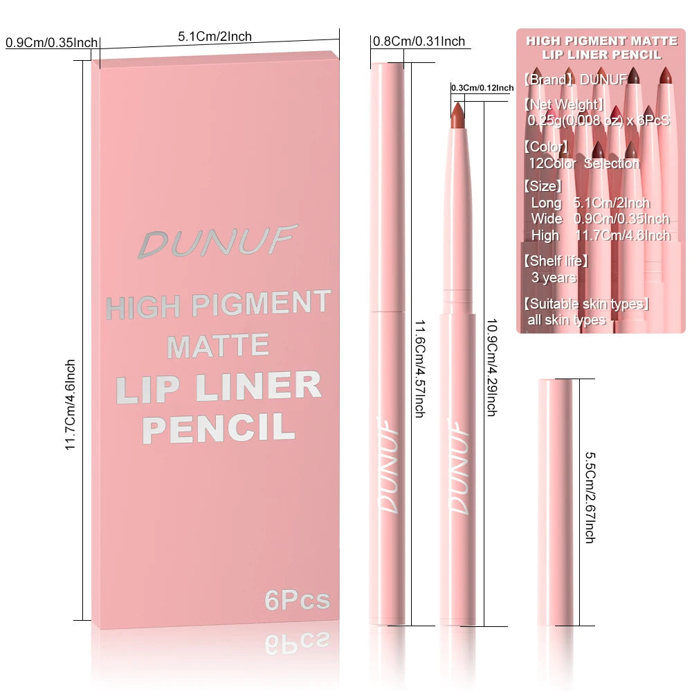 Matte Lip Liner Pencil 6 Colors Set: Lip Contour Waterproof Non-transfer Highly Pigmented Smooth Nude-pink Daily &  Party Makeup
